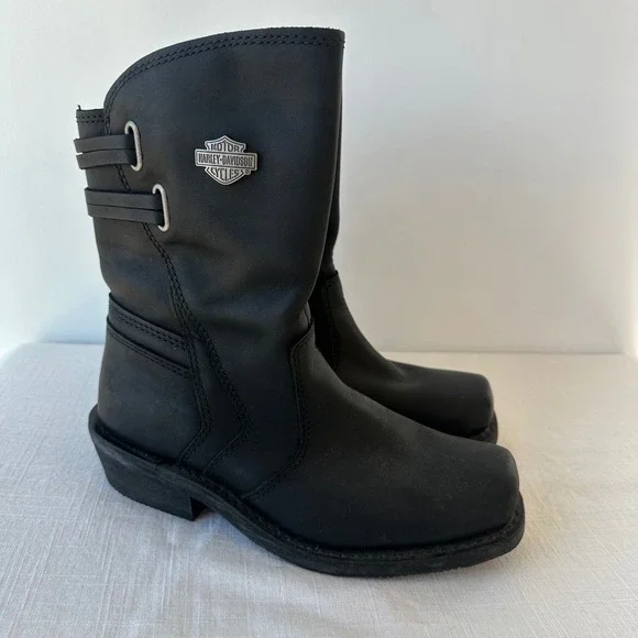 Harley Davidson Womens Black Leather Biker Boots Square Toe Side Zip Size 8.5 - Picture 8 of 8